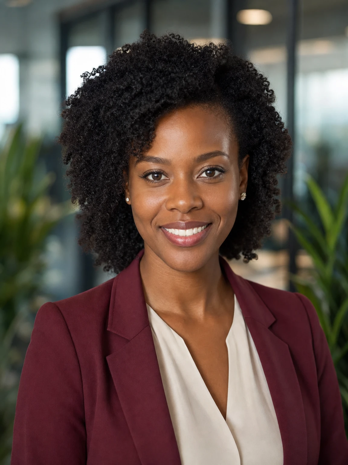 corporate headshot of a Black businesswoman in a burgundy blazer