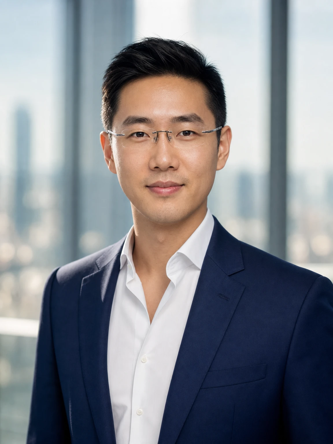 corporate headshot of an East Asian businessman in a navy suit