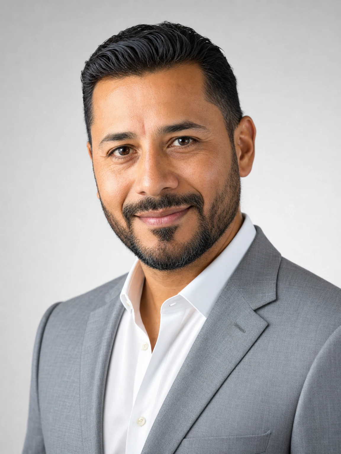 real estate agent headshot of a Latino realtor in a gray blazer